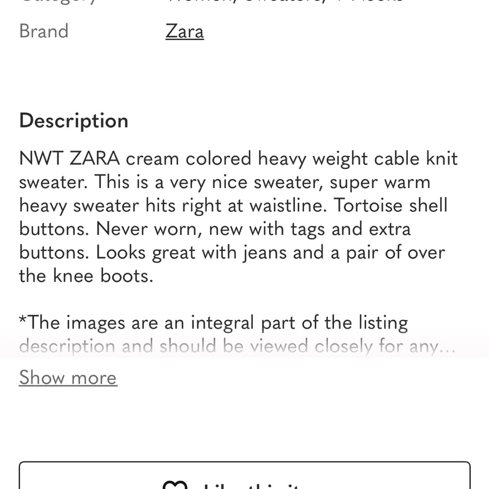 Zara Thick Knit Crop V-Neck Winter Sweater Tan Size Small - Picture 9 of 9